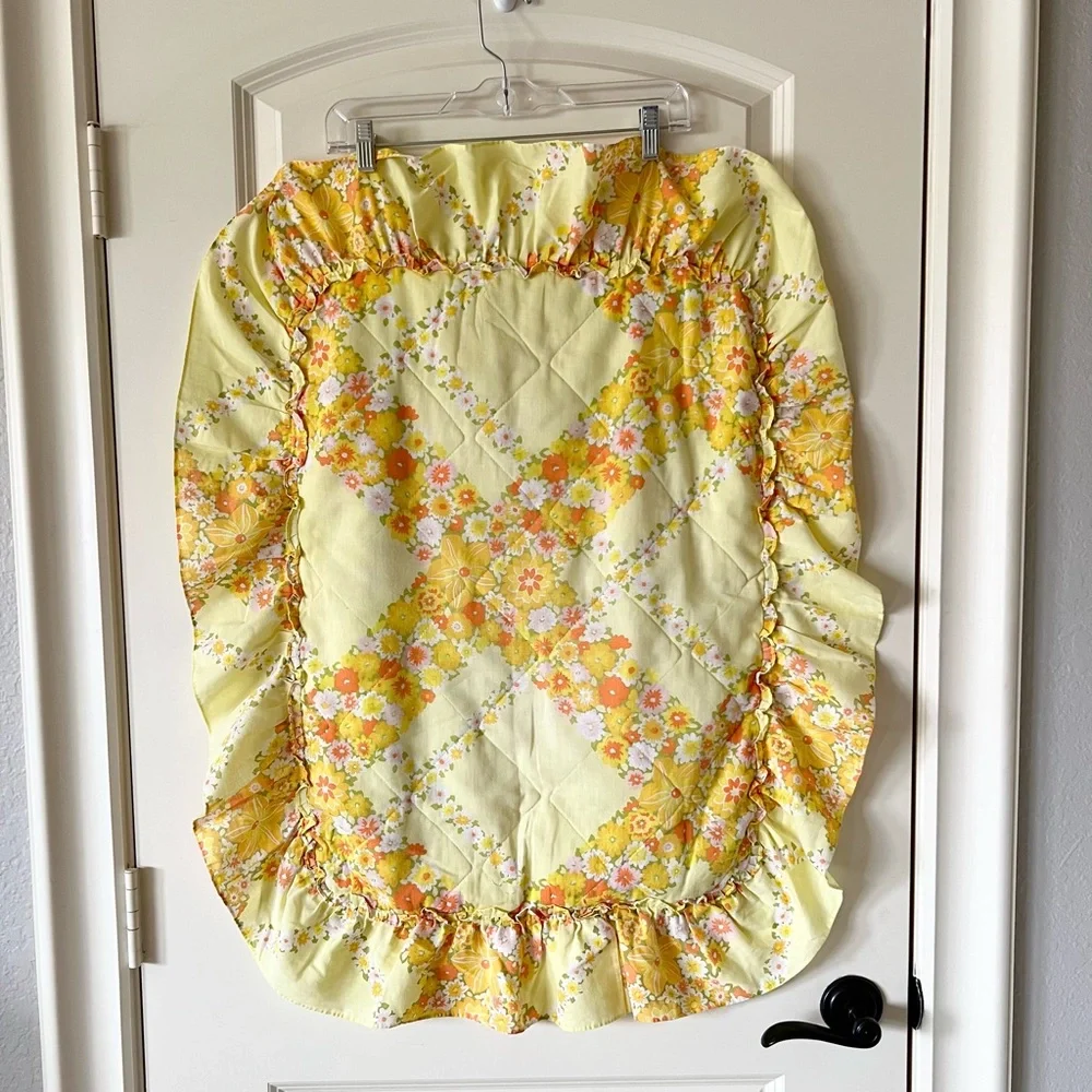 Vtg 70s Sears Perma Prest Quilted Yellow Floral Ruffle Pillow Sham Cottagecore